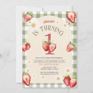 Vintage Red and Green Strawberry Daisy Birthday Invitation