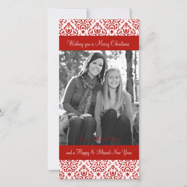 Vintage Red and White Christmas Damask Holiday Card (Front)