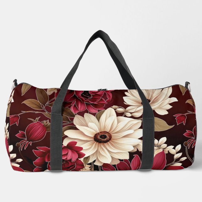 Vintage Red and White Flower Bouquet Duffle Bag (Front)