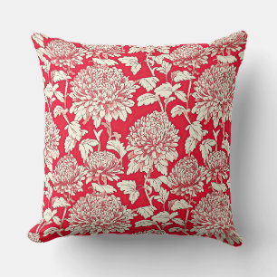 Vintage Red and White Japanese Chrysanthemum Flora Cushion