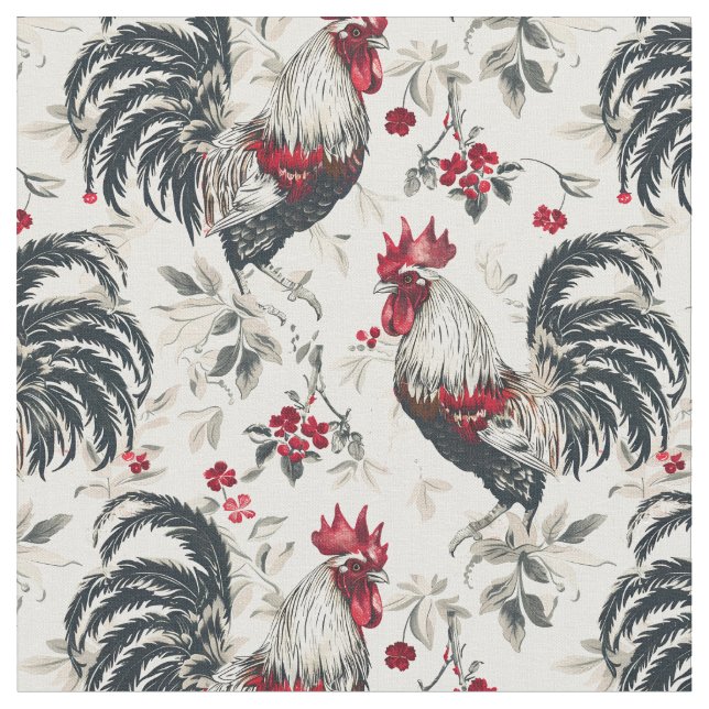 Vintage Red and White Rooster Fabric (Close Up)