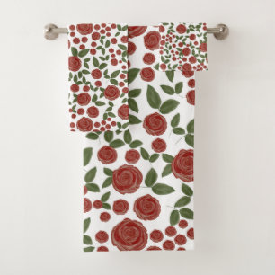 Vintage Red and White Rose Floral Pattern Bath Towel Set
