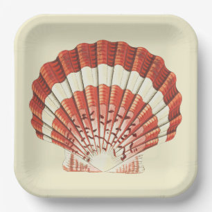 Vintage Red and White Scallop Shell Nautical Art Paper Plate