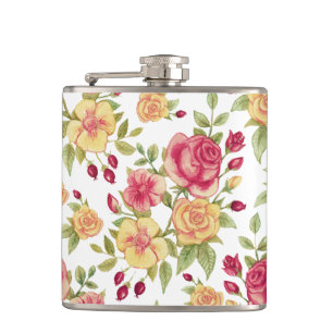 Vintage Red and Yellow Roses and Rose Bud Pattern Hip Flask