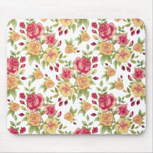 Vintage Red and Yellow Roses and Rose Bud Pattern Mouse Mat
