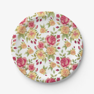Vintage Red and Yellow Roses and Rose Bud Pattern Paper Plate