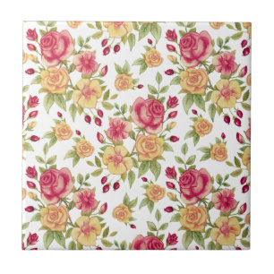 Vintage Red and Yellow Roses and Rose Bud Pattern Tile