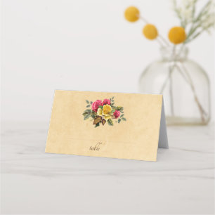 Vintage Red and Yellow Roses Floral Wedding Place Card