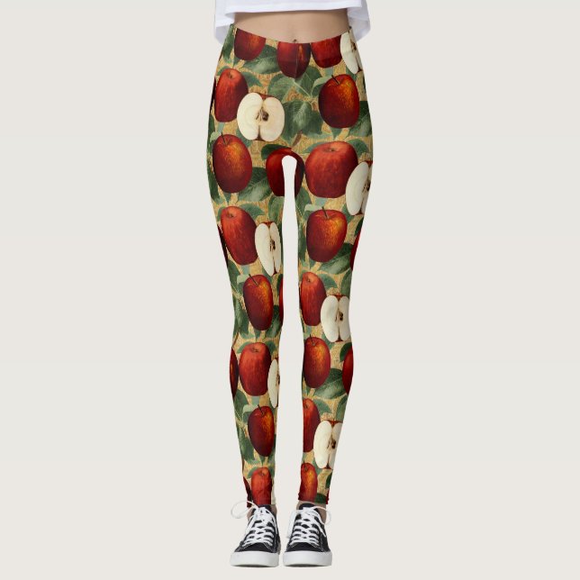 Vintage Red Apple Botanical Gold Alphabet Leggings (Front)