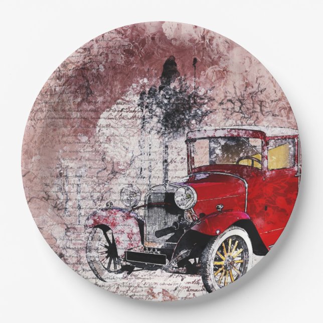 Vintage Red Artistic Old Car  Paper Plate (Front)