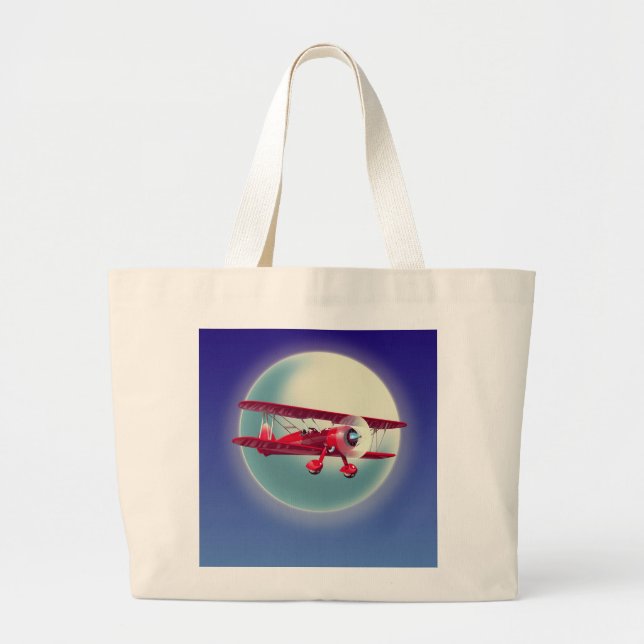 Vintage Red Biplane Large Tote Bag (Front)
