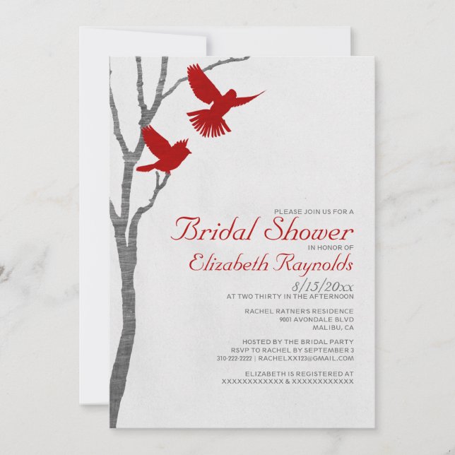 Vintage Red Birds Bridal Shower Invitations (Front)