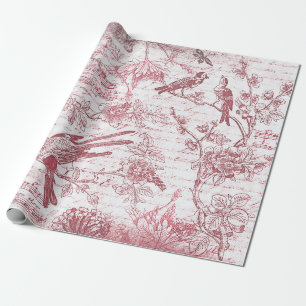 Vintage Red Birds Flowers French Script  Wrapping Paper