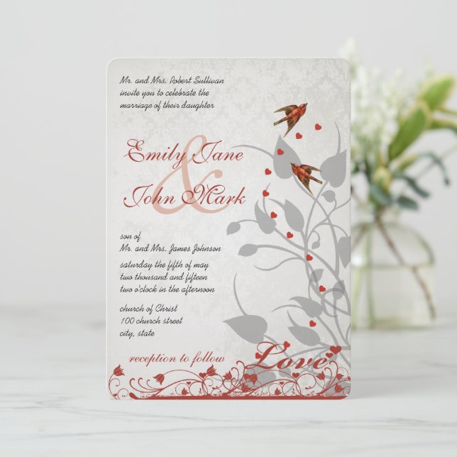 Vintage Red Birds Hearts on Silver Wedding Invites (Standing Front)