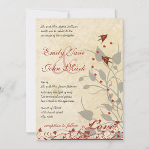 Vintage Red Birds Hearts Wedding Invitation