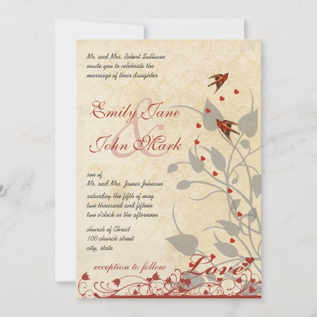 Vintage Red Birds Hearts Wedding Invitation (Front)