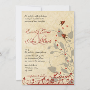 Vintage Red Birds Hearts Wedding Invitation