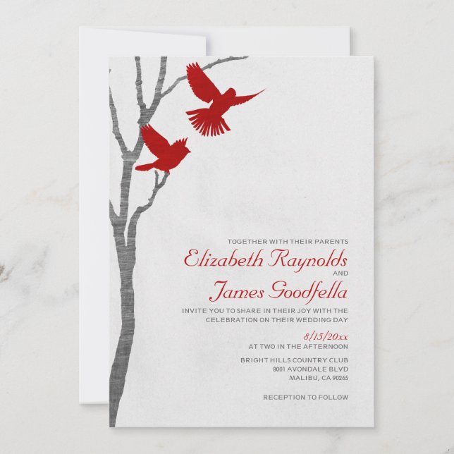 Vintage Red Birds Wedding Invitations (Front)