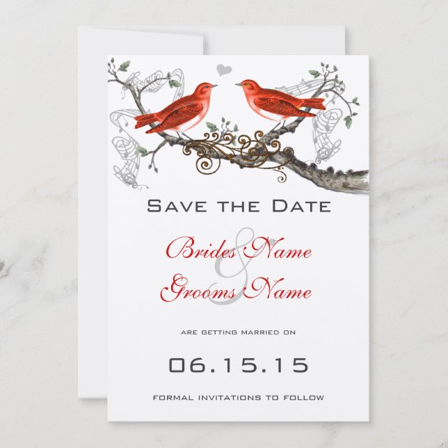 Vintage Red Birds Wedding Save the Date (Front)