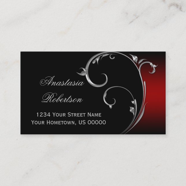 Vintage Red Black Silver Swirl Business Card (Front)