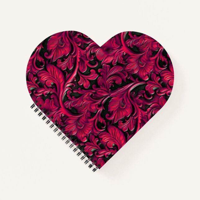 Vintage red black tooled leather notebook (Front)