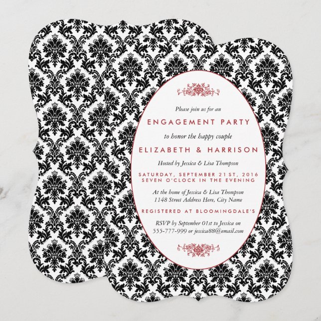 Vintage Red, Black, White Damask Engagement Party Invitation (Front/Back)