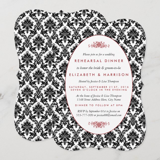 Vintage Red, Black, White Damask Rehearsal Dinner Invitation (Front/Back)