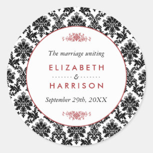 Vintage Red, Black & White Damask Wedding Favour Classic Round Sticker