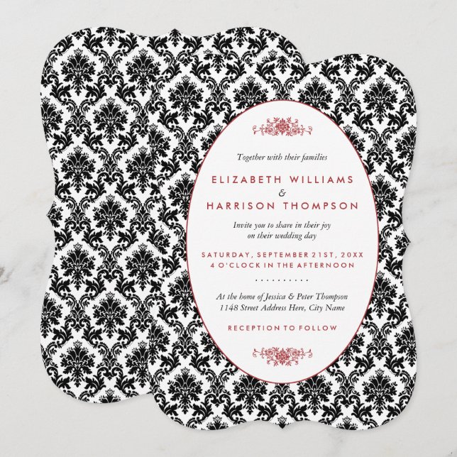 Vintage Red, Black & White Damask Wedding Invitation (Front/Back)