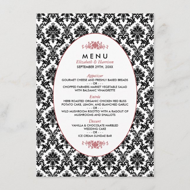 Vintage Red, Black & White Damask Wedding Menu (Front)