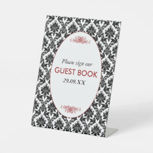 Vintage Red, Black & White Damask Wedding Pedestal Sign