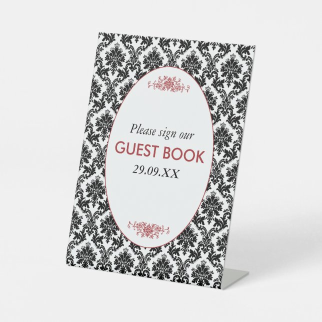 Vintage Red, Black & White Damask Wedding Pedestal Sign (Front)