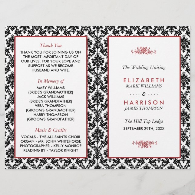 Vintage Red, Black & White Damask Wedding Program (Front)