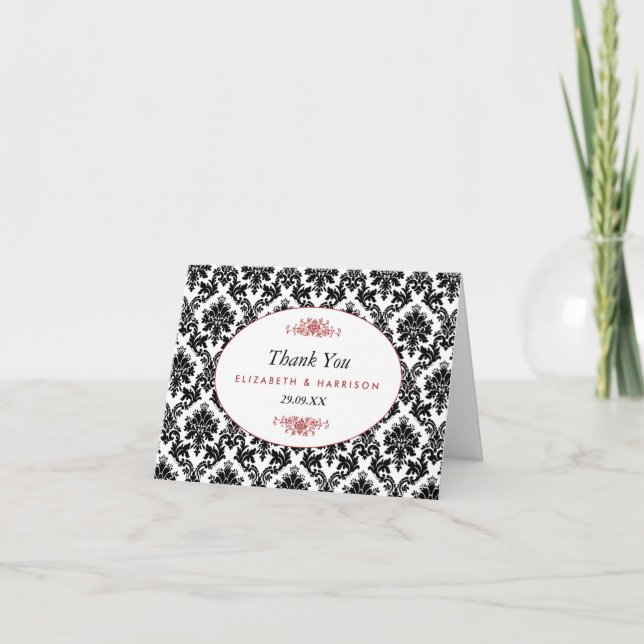 Vintage Red Black & White Damask Wedding Thank You (Front)