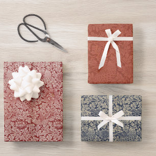 Vintage Red Blue Bird and Anemone Morris Pattern Wrapping Paper Sheet