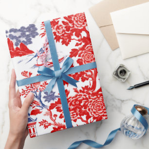 Vintage Red Blue Chinoiserie Delft Floral Wrapping Paper