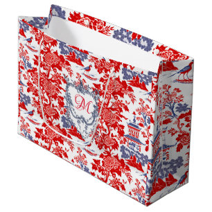 Vintage Red Blue Chinoiserie Delft Monogram Large Gift Bag