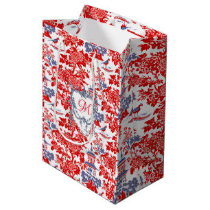 Vintage Red Blue Chinoiserie Delft Monogram Medium Gift Bag