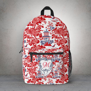 Vintage Red Blue Chinoiserie French Delft Monogram Printed Backpack