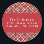 Vintage Red Blue Christmas Return Address Classic Round Sticker<br><div class="desc">Vintage Red Blue Geometric Custom Merry Christmas Return Address Classic Round Sticker</div>