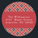 Vintage Red Blue Christmas Return Address Classic Round Sticker<br><div class="desc">Vintage Red Blue Geometric Custom Merry Christmas Return Address Classic Round Sticker</div>