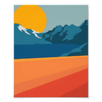 Vintage Red & Blue Mountain Art – Retro Landscape