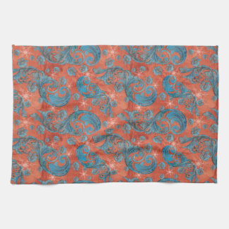 Vintage Red Blue Scrolls with snowflakes Tea Towel
