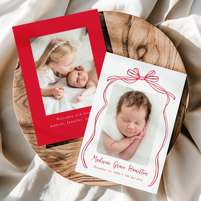 Vintage Red Bow 2 Photo Birth Announcement (Creator Uploaded)
