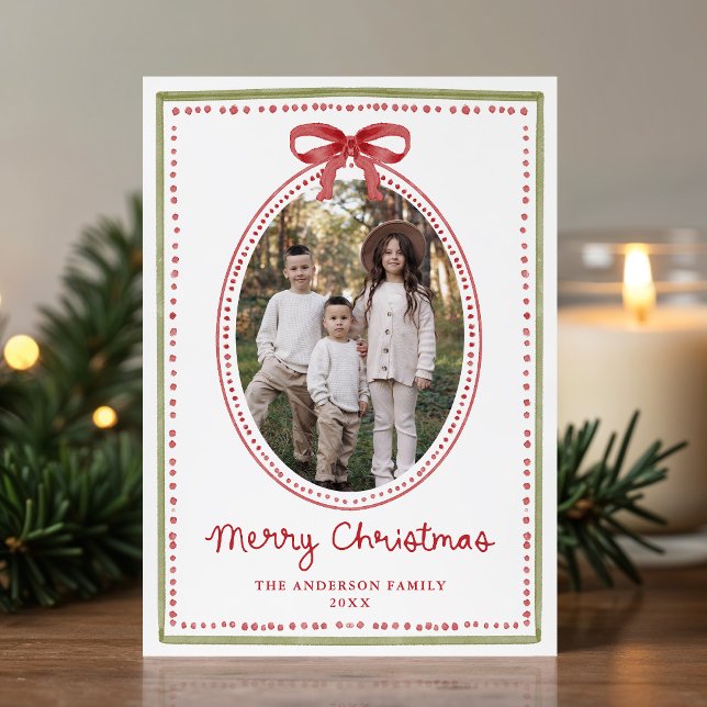 Vintage Red Bow Christmas 2 Photo Holiday Card (Creator Uploaded)