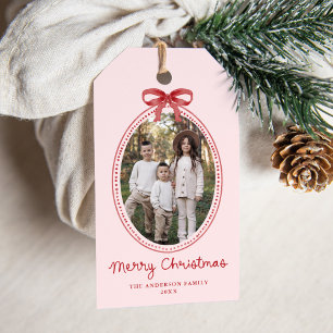 Vintage Red Bow Christmas Blush Pink Photo Holiday Gift Tags