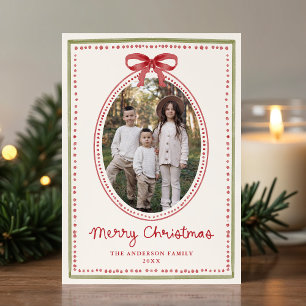 Vintage Red Bow Cream Christmas 2 Photo Holiday Card