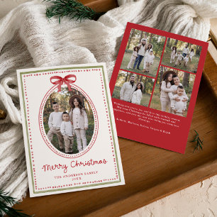 Vintage Red Bow Cream Christmas 5 Photo Holiday Card