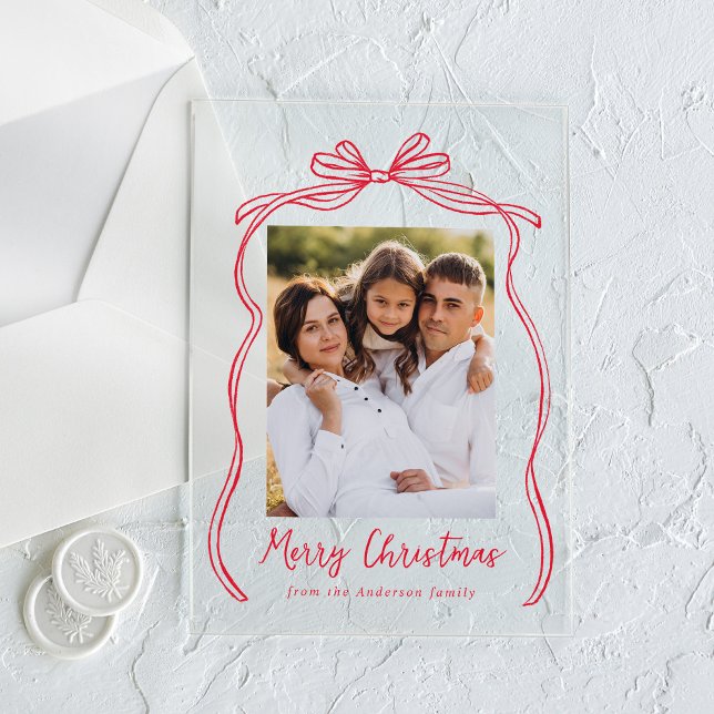 Vintage Red Bow Merry Christmas Photo Acrylic Invitations (Creator Uploaded)