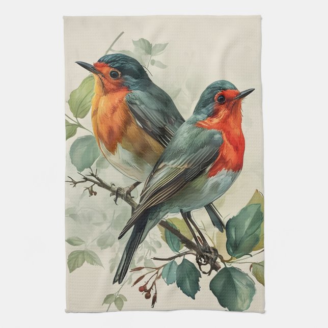 Vintage Red-Breasted Robin Tea Towel (Vertical)